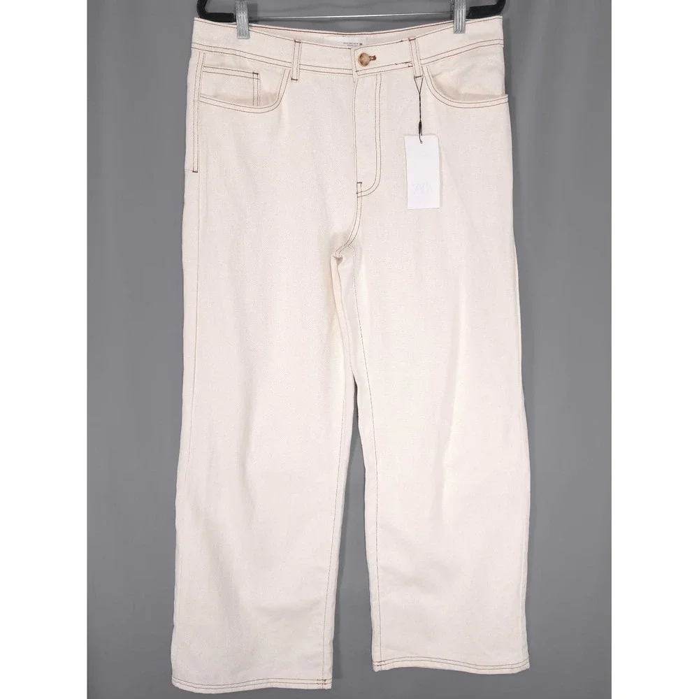ZARA Women New Pants 44/12 Wide Leg Cotton Linen Contrast Stitching 7484/068/251
